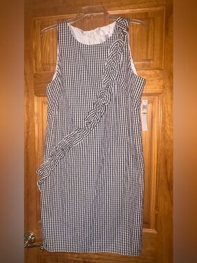 London Times Black and White Gingham Ruffle-Trim Mini Dress